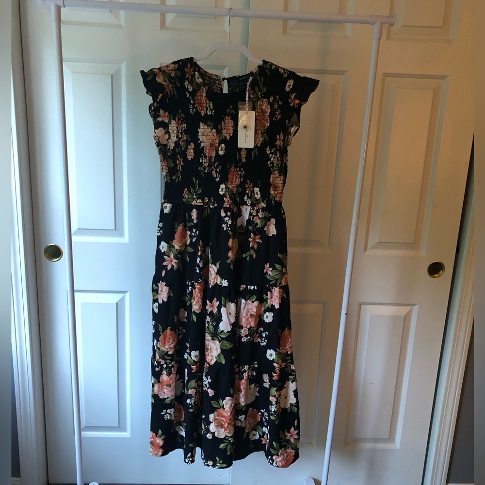 Black Floral Midi Dress with Pink Rose Motif